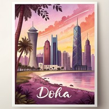 Listing image for Doha Qatar Skyline Travel Poster - Modern Arabic Architecture Art Print moreDeta