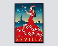 Listing image for Sevilla Spain Vintage Travel Poster, Illustration of Woman Dancer, Nightlife