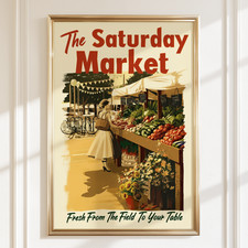 Listing image for Saturday Market Poster Retro Farmers Market Kitchen Wall Art Print a4