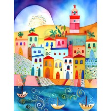 Listing image for Tunisia Seaside Town Modern Folk Art Huge Wall Art Print Picture 18X24 In