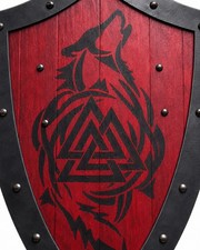 Listing image for Handcrafted Viking Shield Wall Art Red Black Norse Wolf Valknut Decor 27” LARP