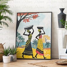 Listing image for African Women in Village Wall West Africa Vintage Abstract Afrocentric Tribal Ho