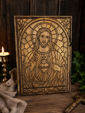 Listing image for Handmade Sacred Heart of Jesus Wooden Icon | Christian Wall Art | Religious