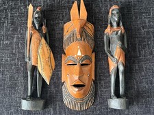 Listing image for Vintage African Tribal Maasai Warriors Hand Carved Wooden Figures + Mask -Rare