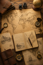 Listing image for The Cartographer's Desk Explorer Map Poster Print Framed Canvas Wall Art