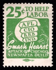 Listing image for Vintage US Poster Stamp 25 Cents Hearst’s Attack Chicago Newspaper Guild Labor