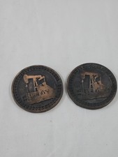 Listing image for Vintage Oil Pump Jack Metal Coasters Pair Petroleum Gas & Oil Memorabilia Decor