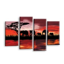 Listing image for Elephant Wall Art Red Living Room Sunset Africa Framed Split Canvas Picture 1