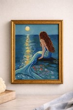 Listing image for Mermaid Painting Coastal Ocean Art Moonlight Seascape Decor 11x14 Framed